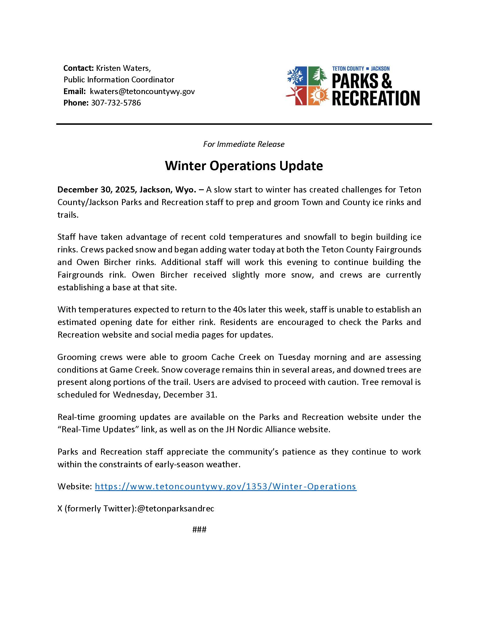 Winter Ice Rinks and Trail Grooming Update 12.31.2025